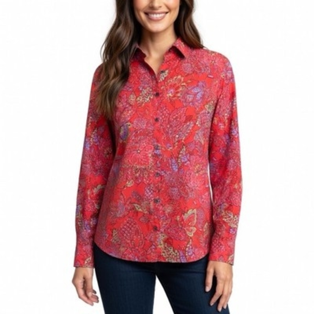 Lands' End Women's No Iron Supima Cotton Paisley Floral Blouse 10 Long Sleeve